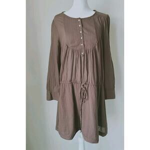 Prairie Peasant Dress Sz Large Brown Crinkle Pleated Balloon Sleeves Lined